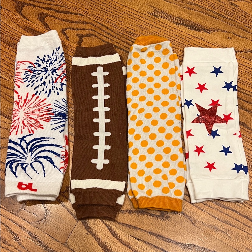 Colorful Patterned Baby Leg Warmers Set Football Patriotic Fireworks Stars Polka